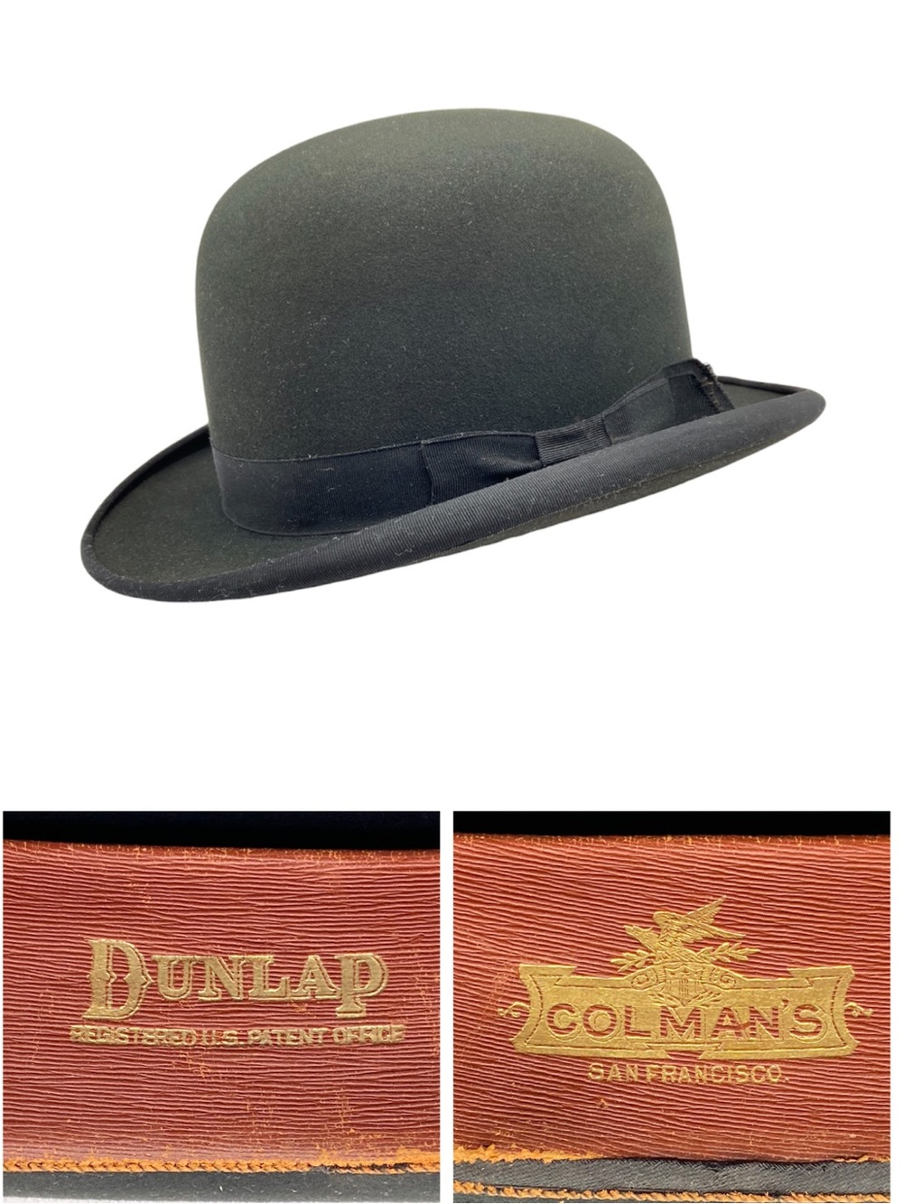Antique Dunlap Bowler Derby Hat Black Felt Colman’s San Francisco 7 1/4 Vintage